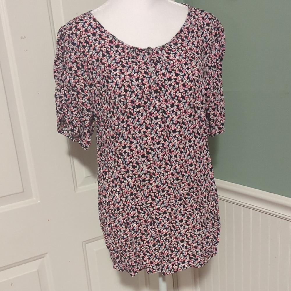 Talbots Women's Large Floral Print Top Pink Flowers Short Sleeve
